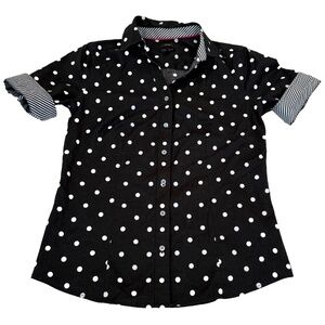 Talbots Women's Non Iron Polka Dot Black/White Preppy Button Up Blouse; Size 2